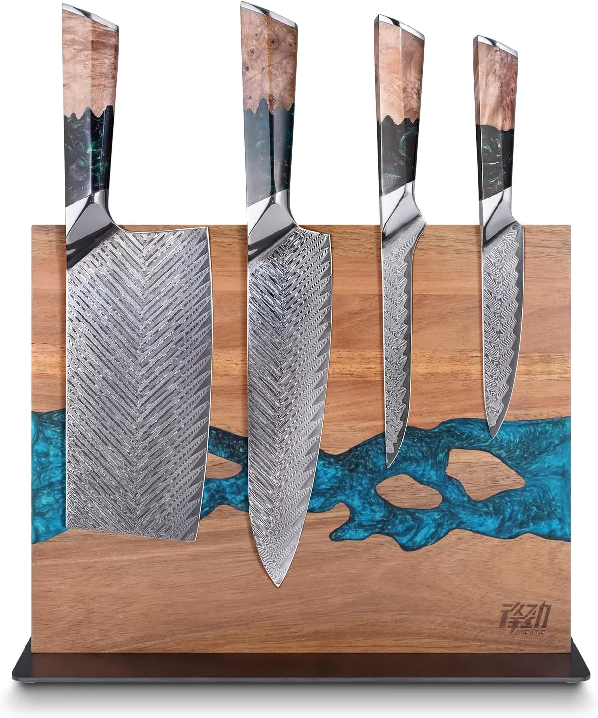 FINDKING 5PCS Knives Set, Dual Sided Knife Block and Damascus Chefs Knife, Blue