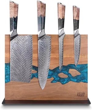 FINDKING 5PCS Knives Set, Dual Sided Knife Block and Damascus Chefs Knife, Blue