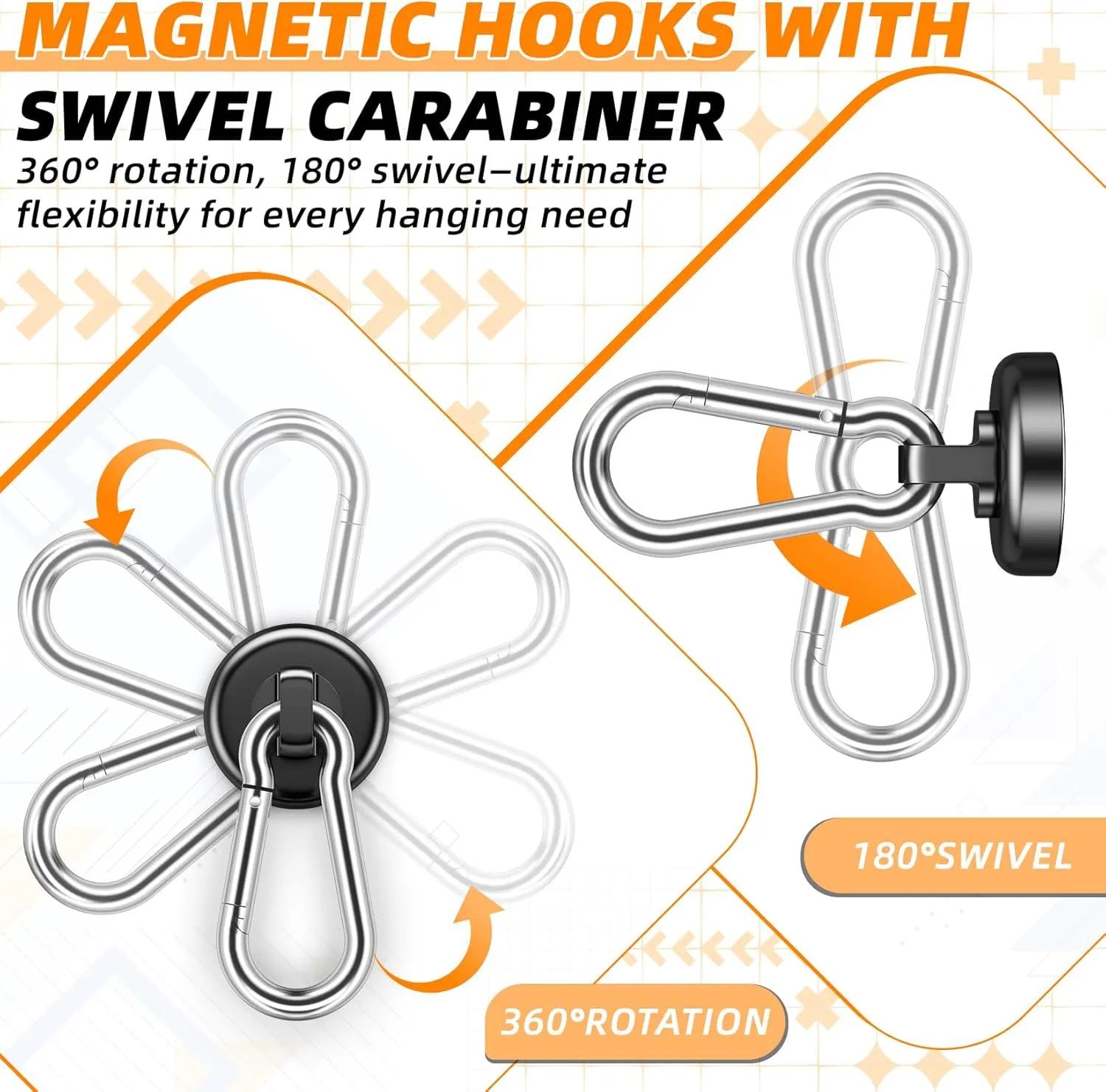 FINDMAG Magnetic Hooks with Swivel Carabiner, Neodymium Magnet Hooks for Hanging, Magnet with Hook for Kitchen, Office, Home, School - Black, 20 Pack