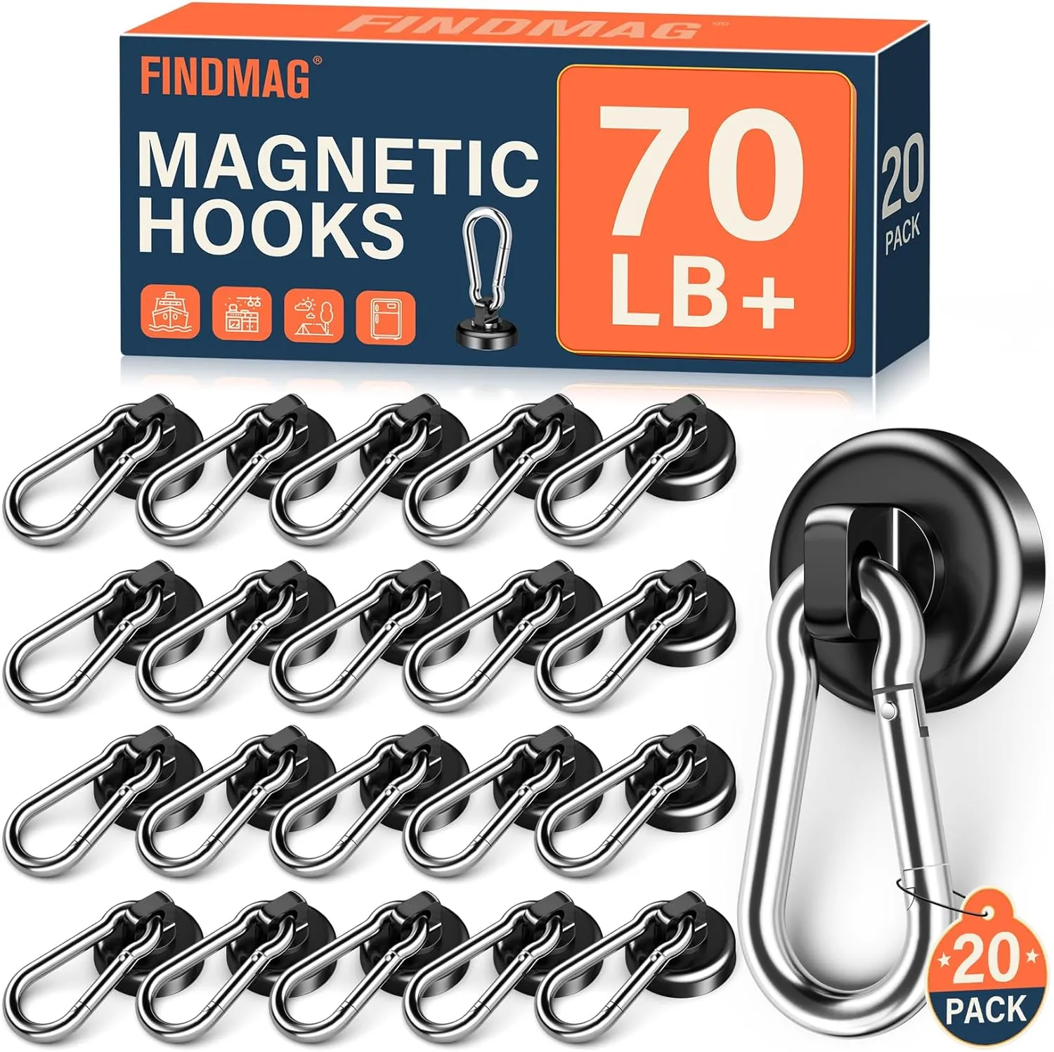 FINDMAG Magnetic Hooks with Swivel Carabiner, Neodymium Magnet Hooks for Hanging, Magnet with Hook for Kitchen, Office, Home, School - Black, 20 Pack