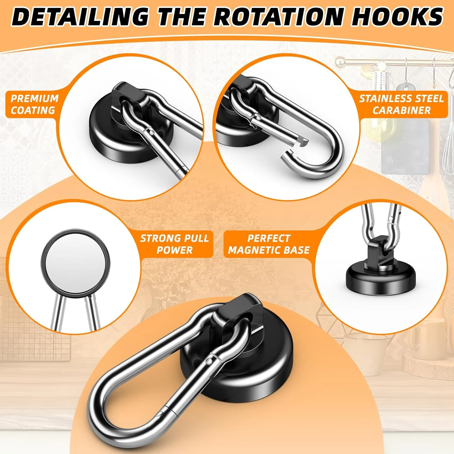 FINDMAG Magnetic Hooks with Swivel Carabiner, Neodymium Magnet Hooks for Hanging, Magnet with Hook for Kitchen, Office, Home, School - Black, 20 Pack