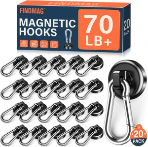 FINDMAG Magnetic Hooks with Swivel Carabiner, Neodymium Magnet Hooks for Hanging, Magnet with Hook for Kitchen, Office, Home, School - Black, 20 Pack