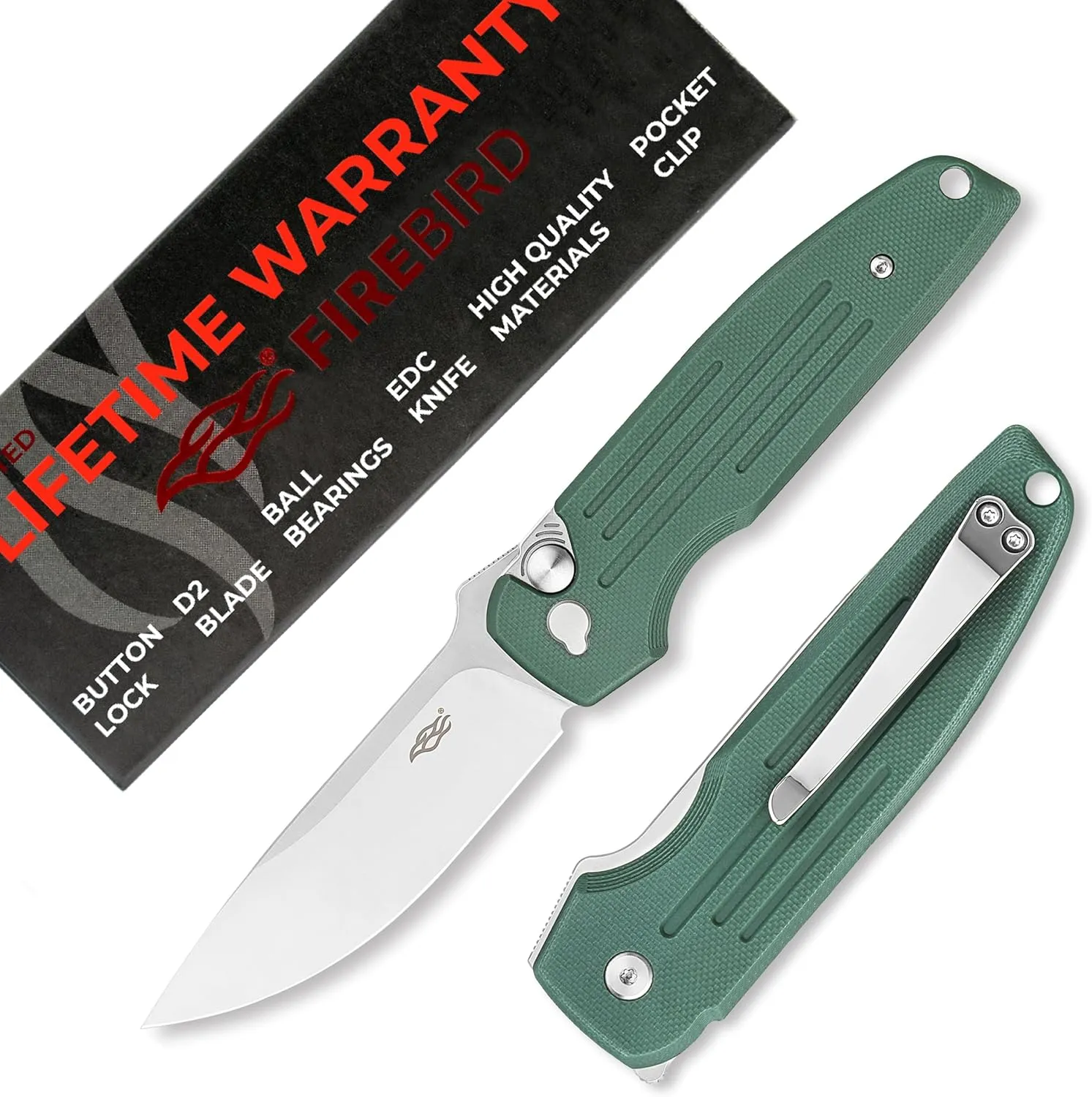 Firebird GANZO FH926-GB Pocket Folding Knife Button Lock D2 Steel Blade G10 Anti-Slip Handle with Clip Camping Outdoor EDC Utility Knife Best Gift for Men Women (Green)