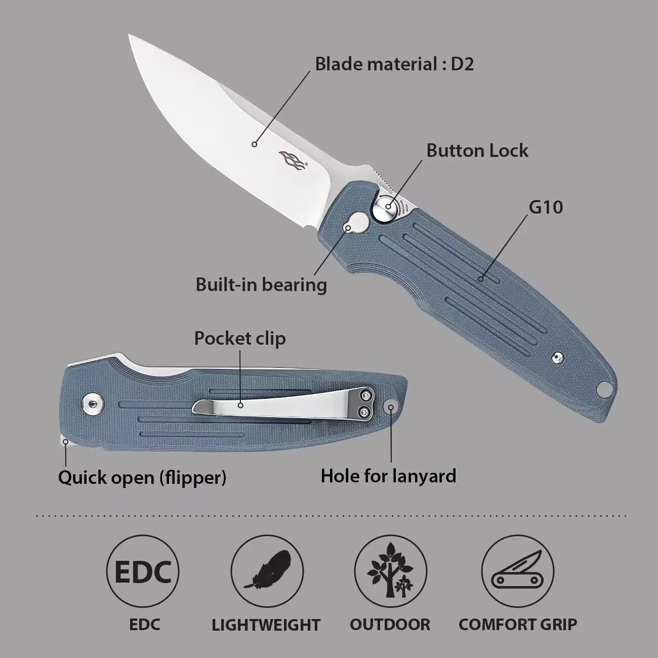 Firebird GANZO FH926-GB Pocket Folding Knife Button Lock D2 Steel Blade G10 Anti-Slip Handle with Clip Camping Outdoor EDC Utility Knife Best Gift for Men Women (Green)
