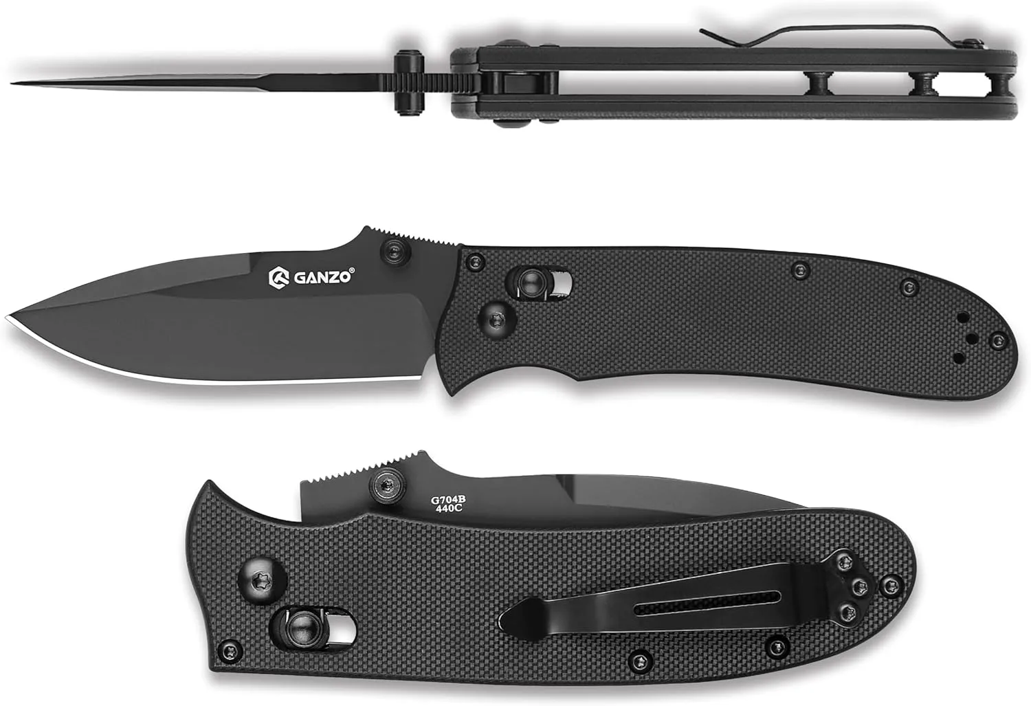Firebird GANZO G704B-BK Pocket Folding Knife 440C Stainless Steel Black Blade G-10 Anti-Slip Handle with Clip Hunting Fishing Camping Folder Outdoor EDC Knife (Black)