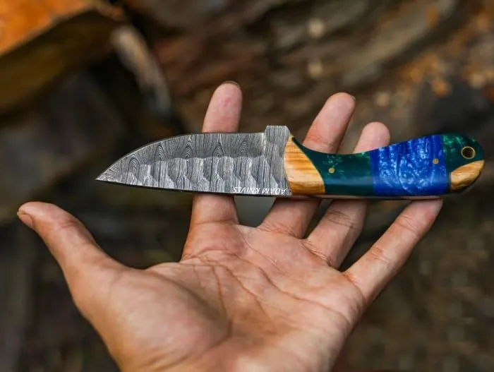 Fixed Blade Damascus Steel Skinning Knife with Leather Sheath, 7'' Full Tang Hunting Skinning Knife,Honey Comb Handle,Camping Knife (Blue & Green Resin)