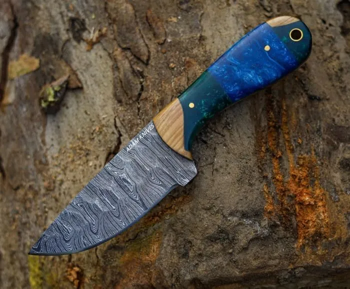 Fixed Blade Damascus Steel Skinning Knife with Leather Sheath, 7'' Full Tang Hunting Skinning Knife,Honey Comb Handle,Camping Knife (Blue & Green Resin)