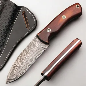 Fixed Blade Hunting Tracker Knife Damascus Steel Blade with Back Belt Leather Cover- Ideal for Hunting, Skinning, Outdoor Camping, Hiking, Fishing, - EDC Damascus Knife, Bushcraft Knives with Rosewood Wood Handle.