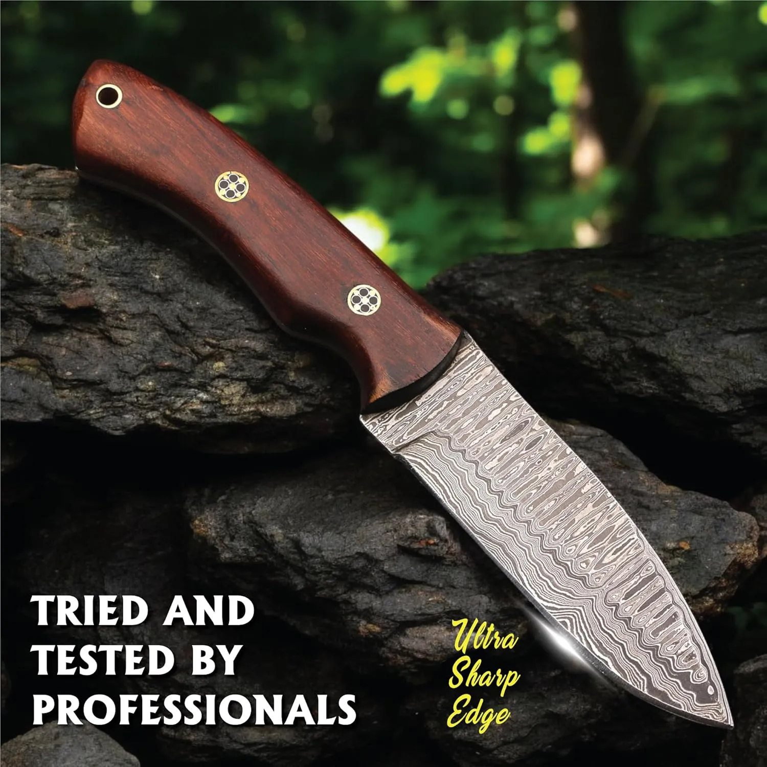 Fixed Blade Hunting Tracker Knife Damascus Steel Blade with Back Belt Leather Cover- Ideal for Hunting, Skinning, Outdoor Camping, Hiking, Fishing, - EDC Damascus Knife, Bushcraft Knives with Rosewood Wood Handle.