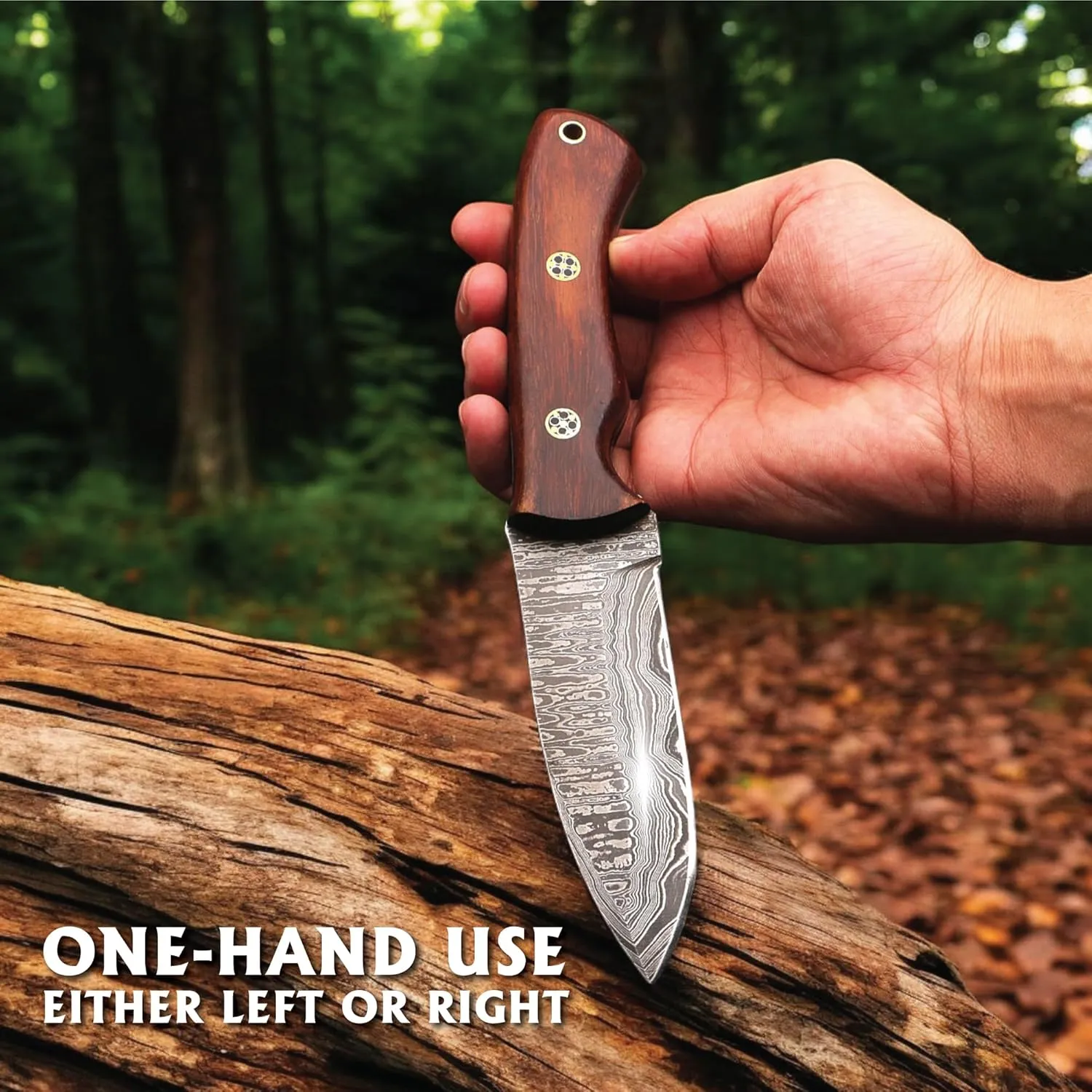 Fixed Blade Hunting Tracker Knife Damascus Steel Blade with Back Belt Leather Cover- Ideal for Hunting, Skinning, Outdoor Camping, Hiking, Fishing, - EDC Damascus Knife, Bushcraft Knives with Rosewood Wood Handle.