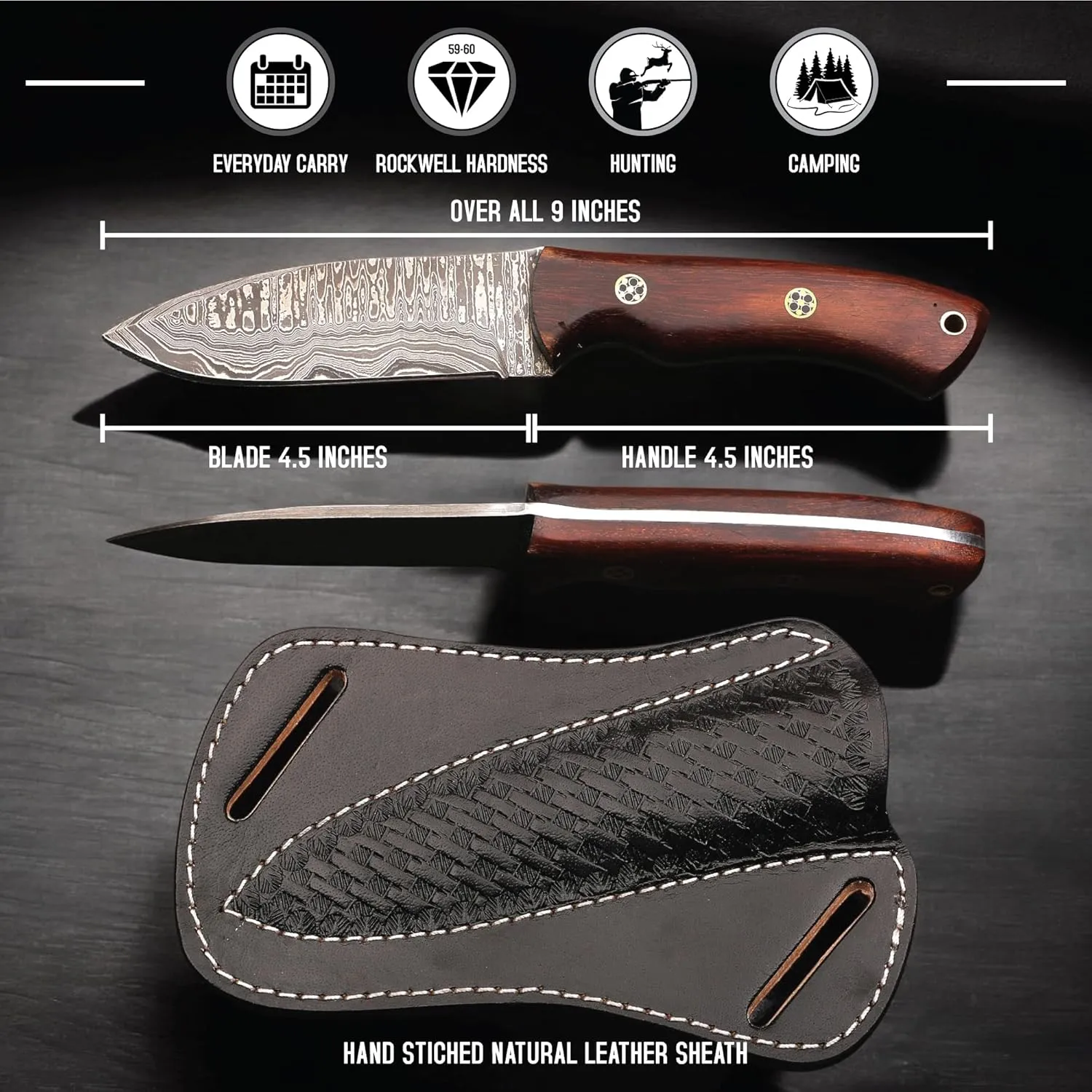 Fixed Blade Hunting Tracker Knife Damascus Steel Blade with Back Belt Leather Cover- Ideal for Hunting, Skinning, Outdoor Camping, Hiking, Fishing, - EDC Damascus Knife, Bushcraft Knives with Rosewood Wood Handle.