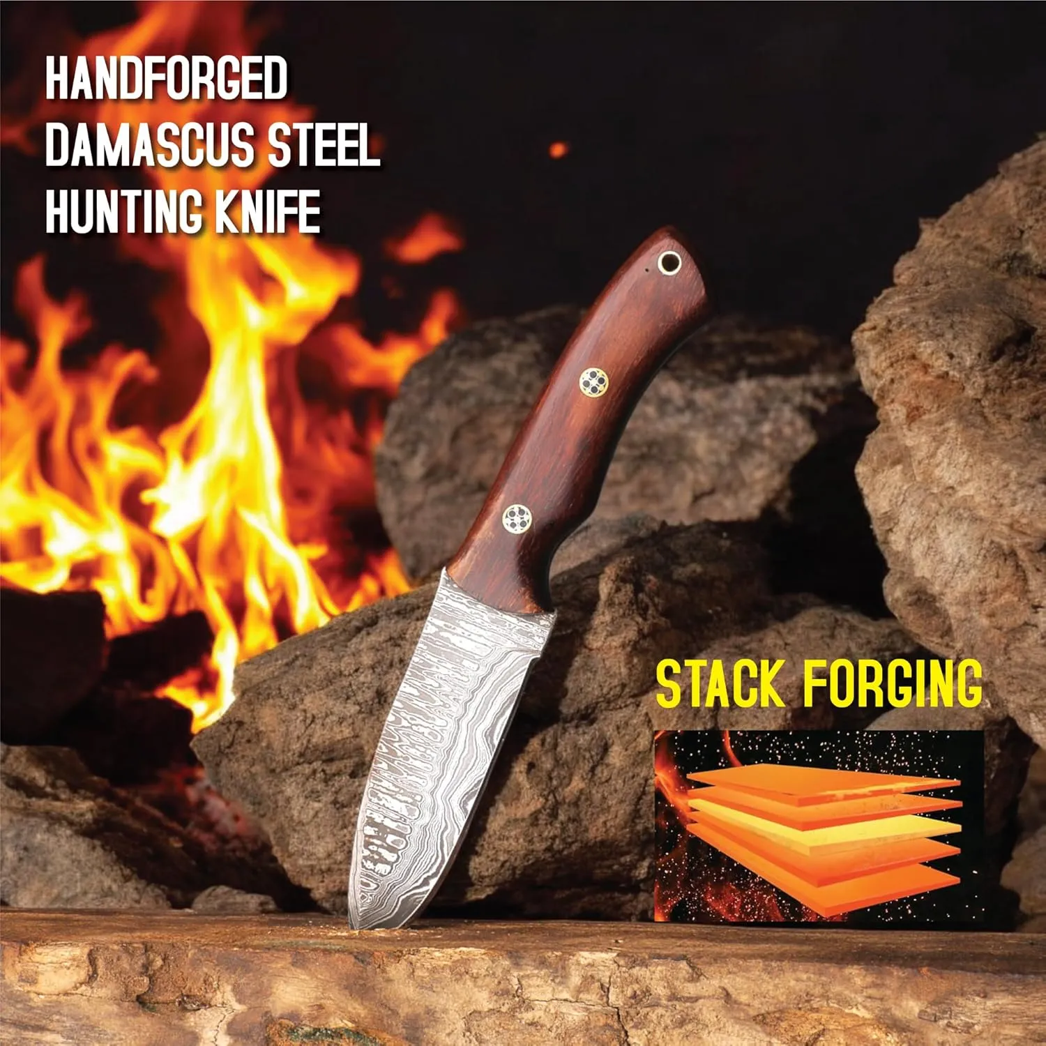Fixed Blade Hunting Tracker Knife Damascus Steel Blade with Back Belt Leather Cover- Ideal for Hunting, Skinning, Outdoor Camping, Hiking, Fishing, - EDC Damascus Knife, Bushcraft Knives with Rosewood Wood Handle.