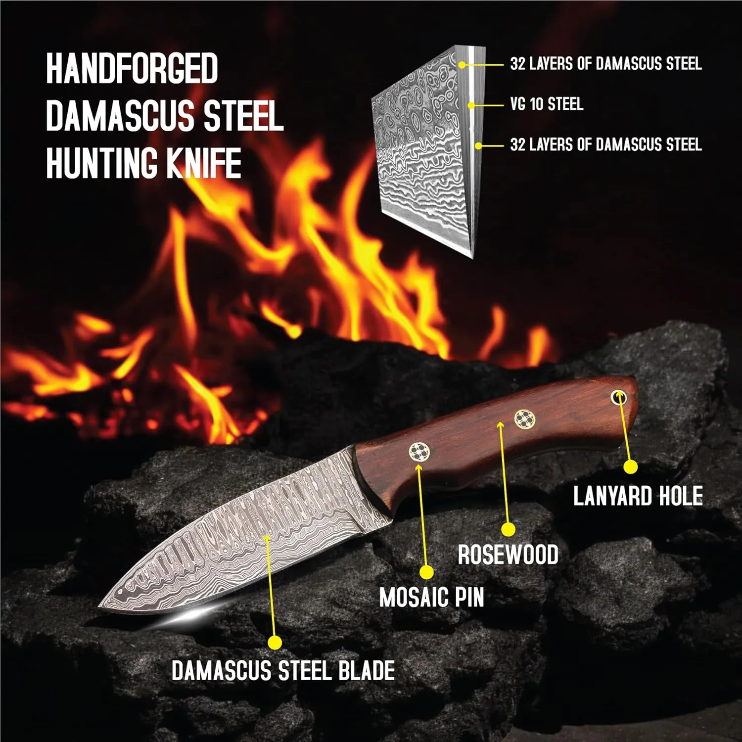 Fixed Blade Hunting Tracker Knife Damascus Steel Blade with Back Belt Leather Cover- Ideal for Hunting, Skinning, Outdoor Camping, Hiking, Fishing, - EDC Damascus Knife, Bushcraft Knives with Rosewood Wood Handle.