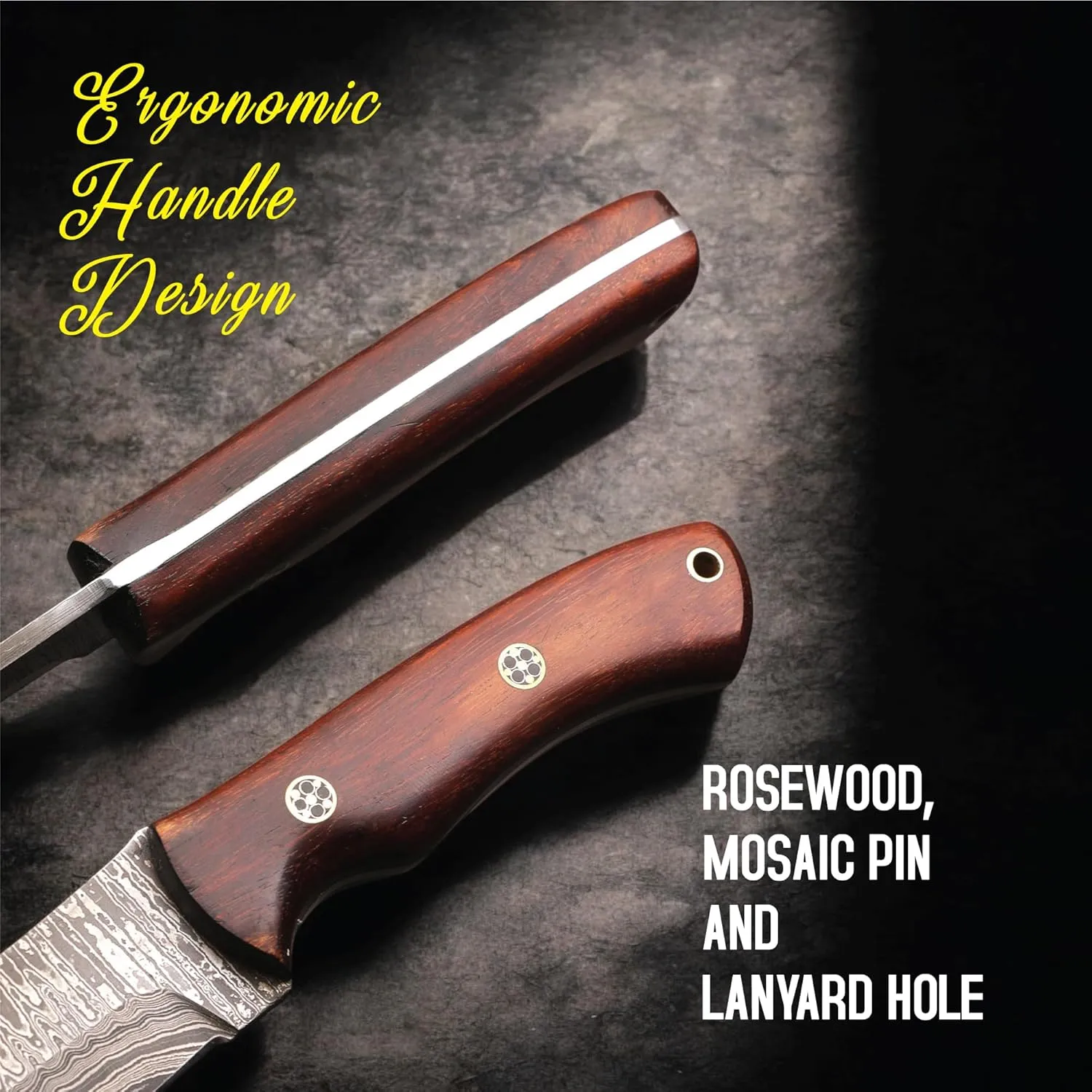 Fixed Blade Hunting Tracker Knife Damascus Steel Blade with Back Belt Leather Cover- Ideal for Hunting, Skinning, Outdoor Camping, Hiking, Fishing, - EDC Damascus Knife, Bushcraft Knives with Rosewood Wood Handle.