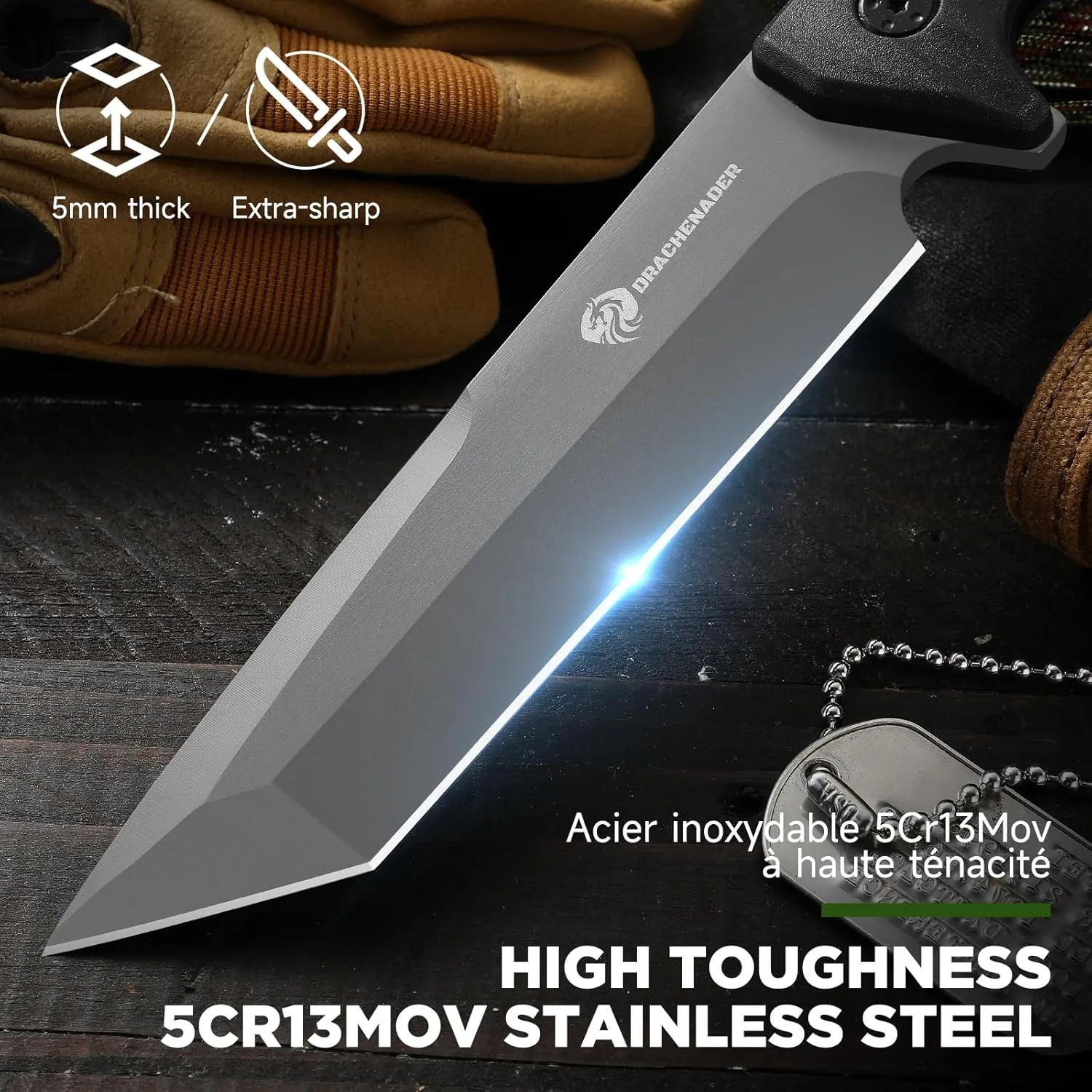 Fixed Blade Knife, Tanto Knife Fixed Blade with Sheath Tactical Sharp Full Tang Outdoor Survival, Versatile for Horizontal, Scout Carry and Vertical Carry