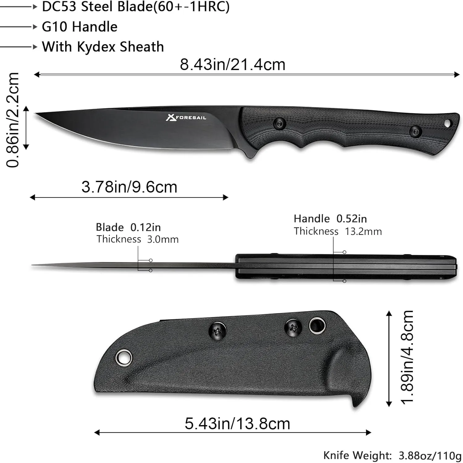 Fixed Blade Knife,3.86inch DC53 Steel Blade and G10 Handle,with Kydex Sheath,Fixed Blade EDC Tactical Knife for Men Women, Outdoor Hunting Hiking Survival Camping Knives.