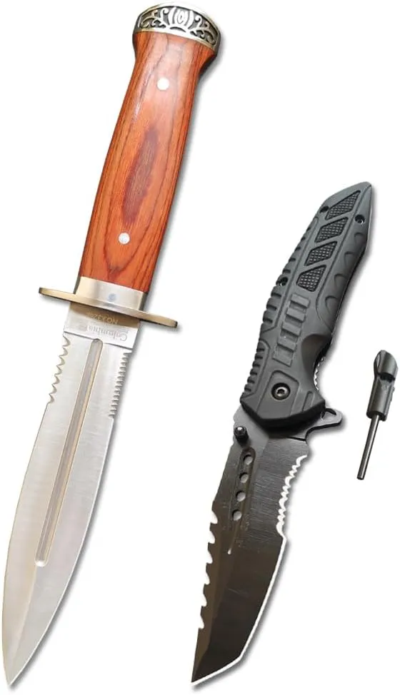 Fixed Blade Spring Assisted Hunting Knife Set - 2 Piece, Full Tang Handle 11.8" Fixed Blade Knives and 8.4" Serrated Sharp Black Pocket Folding Knife