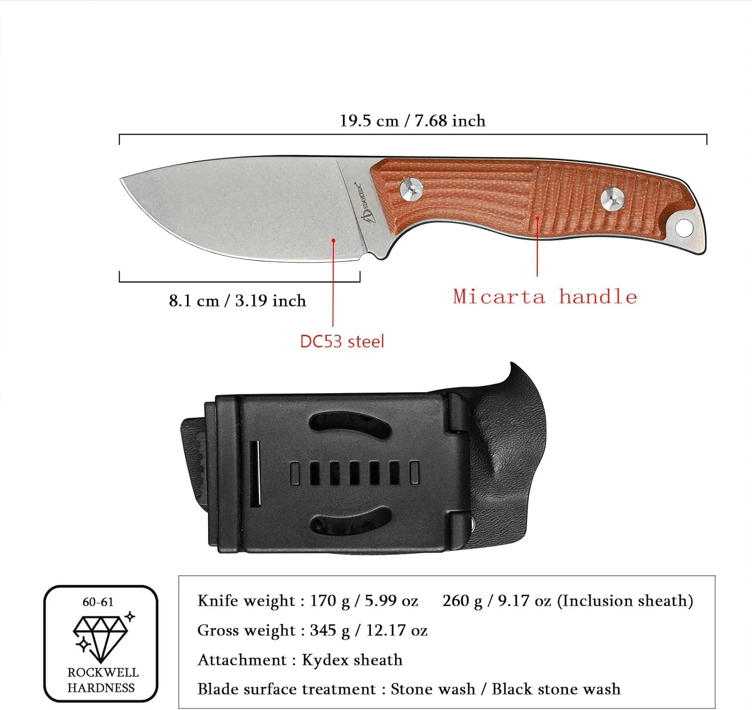 Fixed Blade Tactical Knife DC53 Steel Micarta Handle Kydex Sheath for Camping Hunting EDC (White Brown)