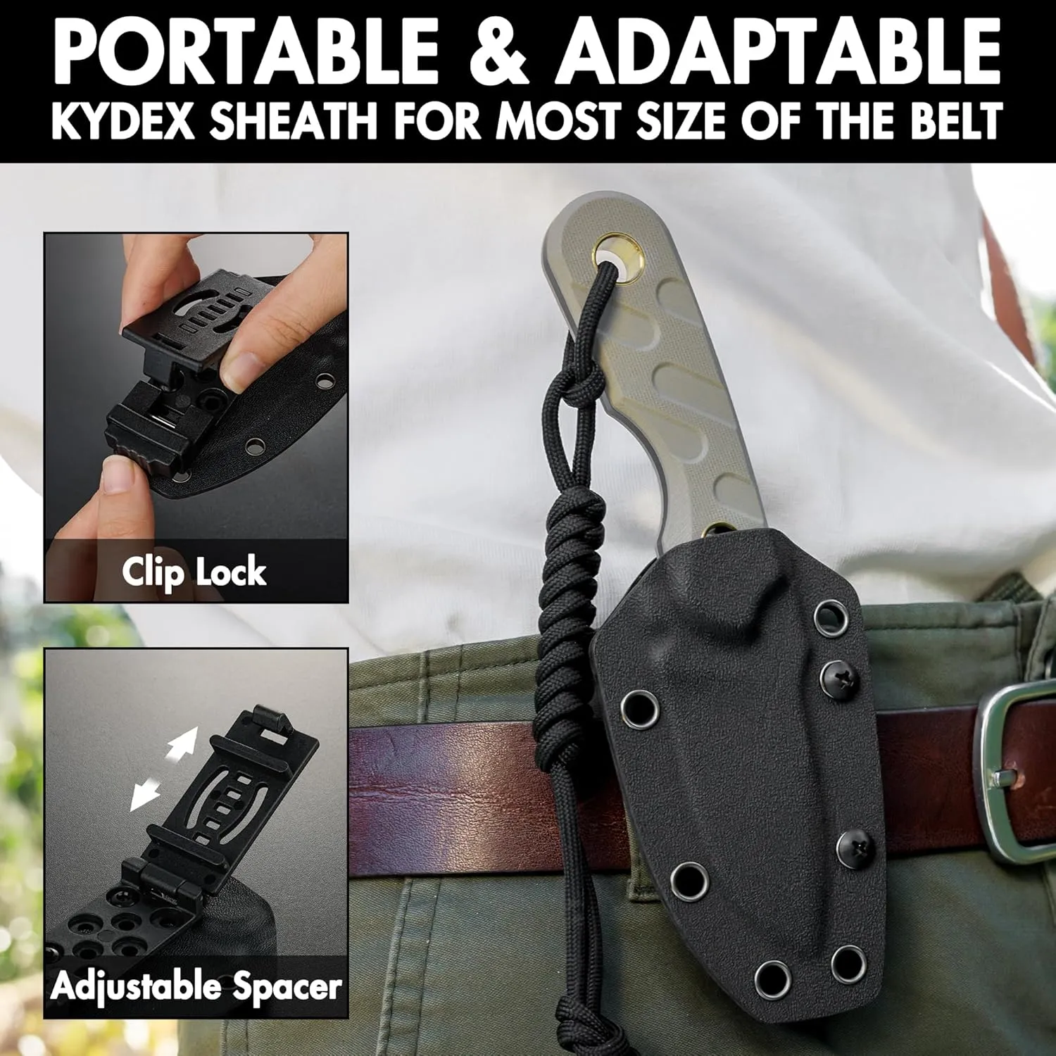 FLISSA Fixed Blade Knife, 7 Inch Full Tang Hunting Knife with G10 Handle Kydex Sheath and Emergency Rope for Tactical, Survival, Camping, Hiking (Brown)