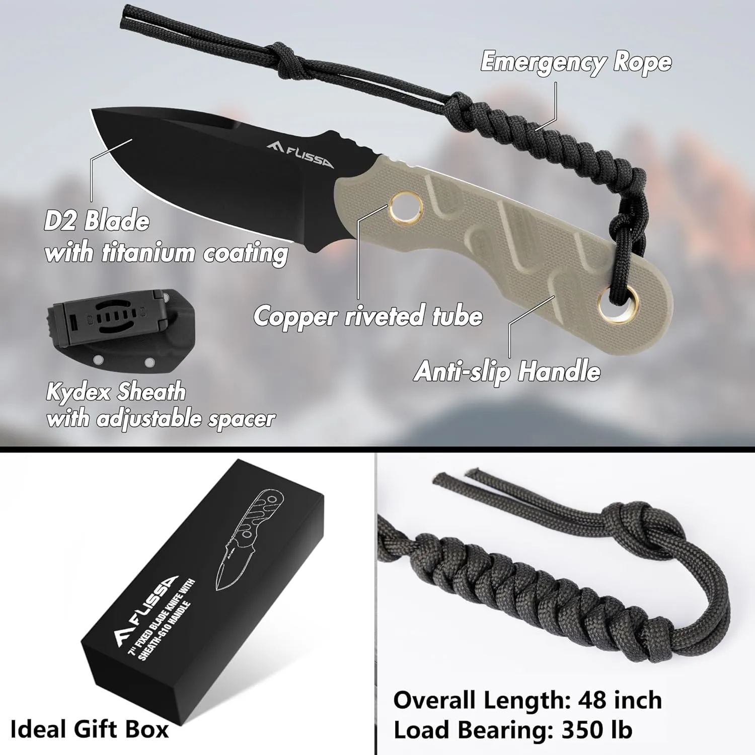 FLISSA Fixed Blade Knife, 7 Inch Full Tang Hunting Knife with G10 Handle Kydex Sheath and Emergency Rope for Tactical, Survival, Camping, Hiking (Brown)