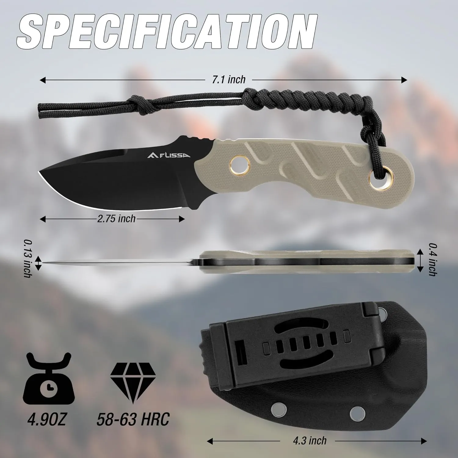 FLISSA Fixed Blade Knife, 7 Inch Full Tang Hunting Knife with G10 Handle Kydex Sheath and Emergency Rope for Tactical, Survival, Camping, Hiking (Brown)