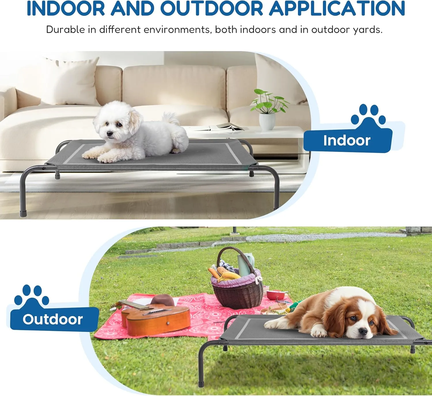 FluffyDream Cooling Elevated Dog Cot Bed Outdoor Raised Portable Dog Beds No-Slip Feet Portable Durable Pet Hammock Bed, 42x25.2x8 Inch, Grey