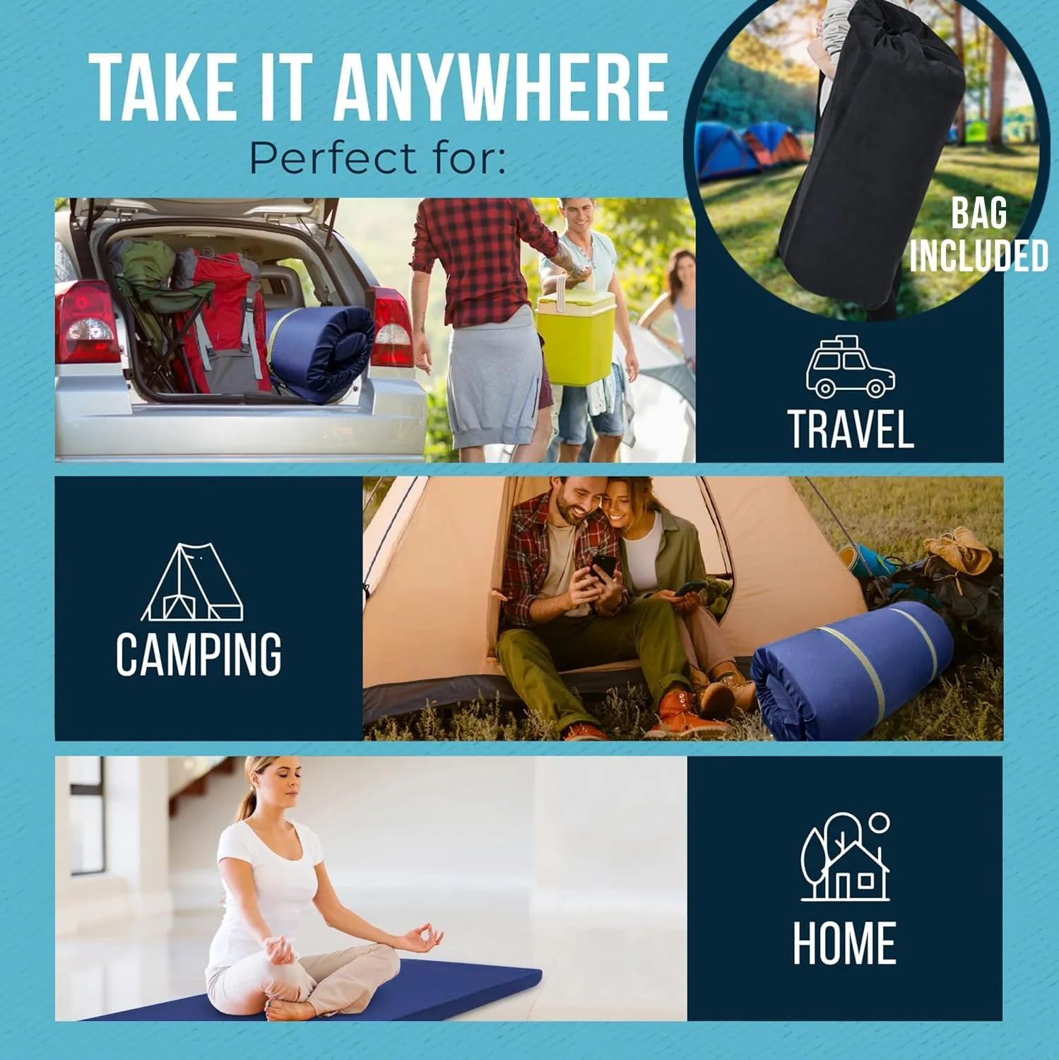 Foamma 3" x 54" x 75" Memory Foam Roll-Up Camping Mattress with Water Resistant Zipper Cover, Foldable and Portable for Camping, RV Bunk, Tent, Guest Bed, Outdoor and Dorm, CertiPUR-US Certified Foam