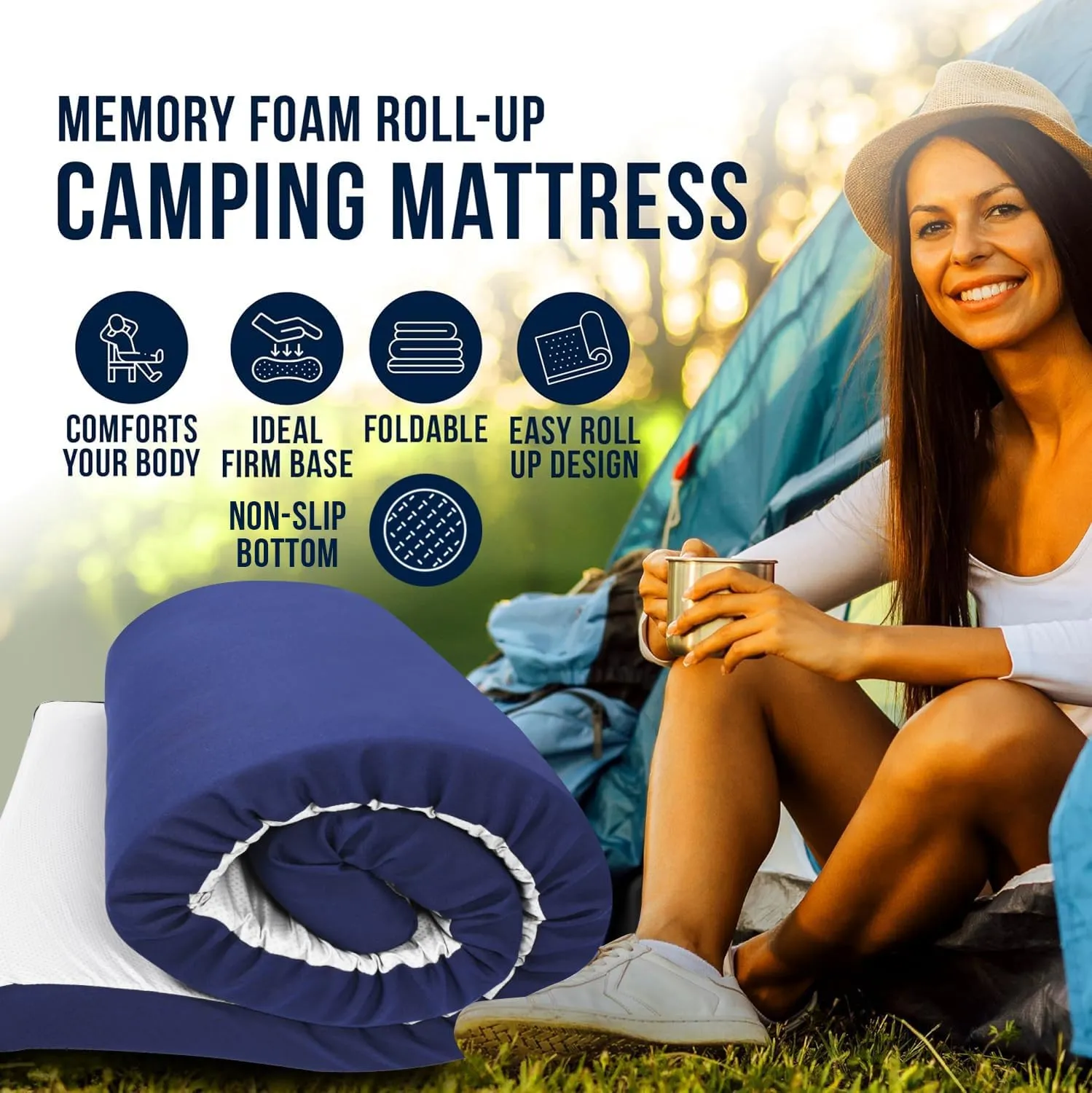 Foamma 3" x 54" x 75" Memory Foam Roll-Up Camping Mattress with Water Resistant Zipper Cover, Foldable and Portable for Camping, RV Bunk, Tent, Guest Bed, Outdoor and Dorm, CertiPUR-US Certified Foam