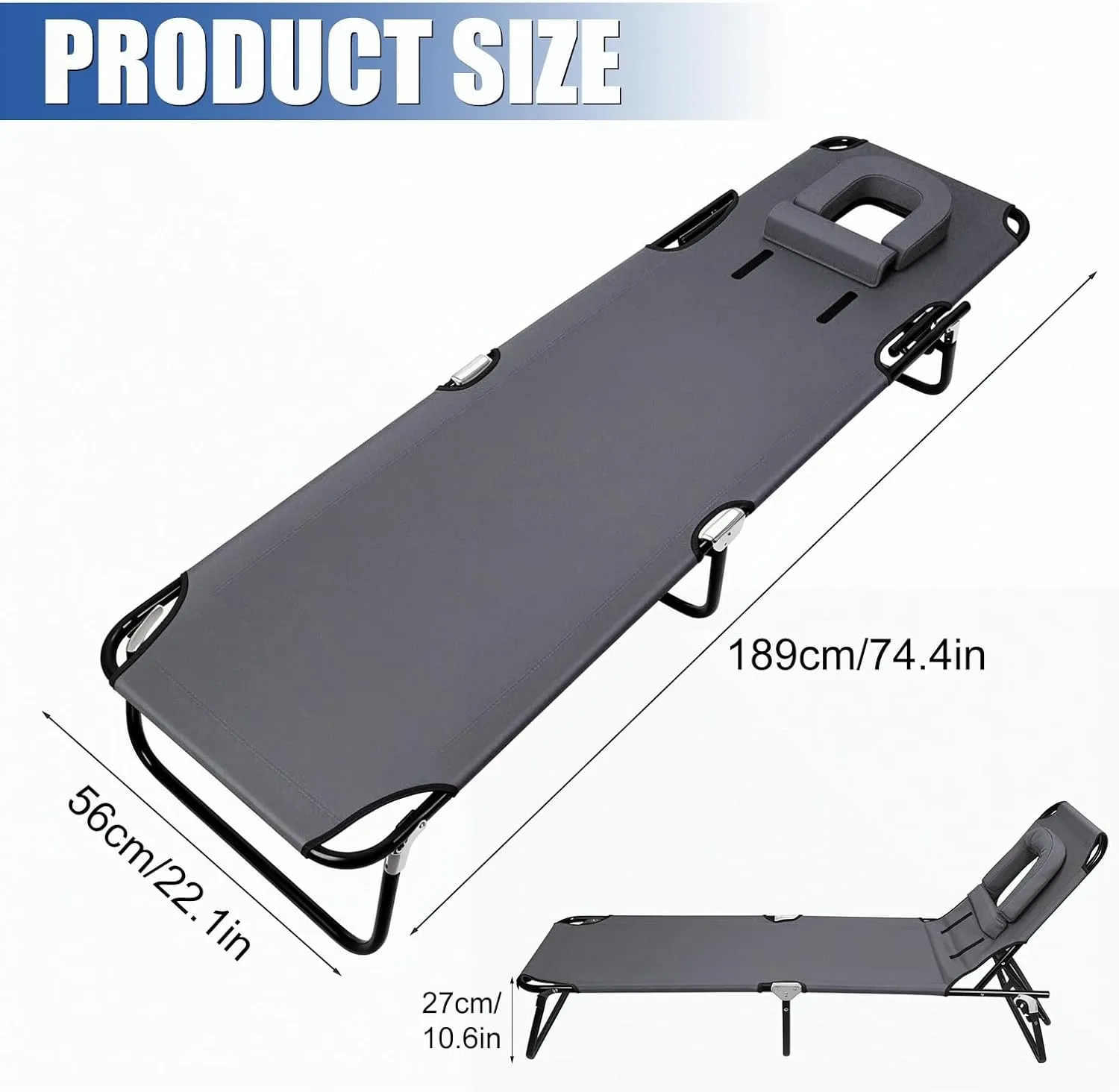Foldable Camping Cot for Adult,Heavy Duty Summer Lounger Chair with Face Hole, Height Adjustable, Removable Pillow, Sunbathing Chair for Patio, Poolside, Lawn, Beach Grey