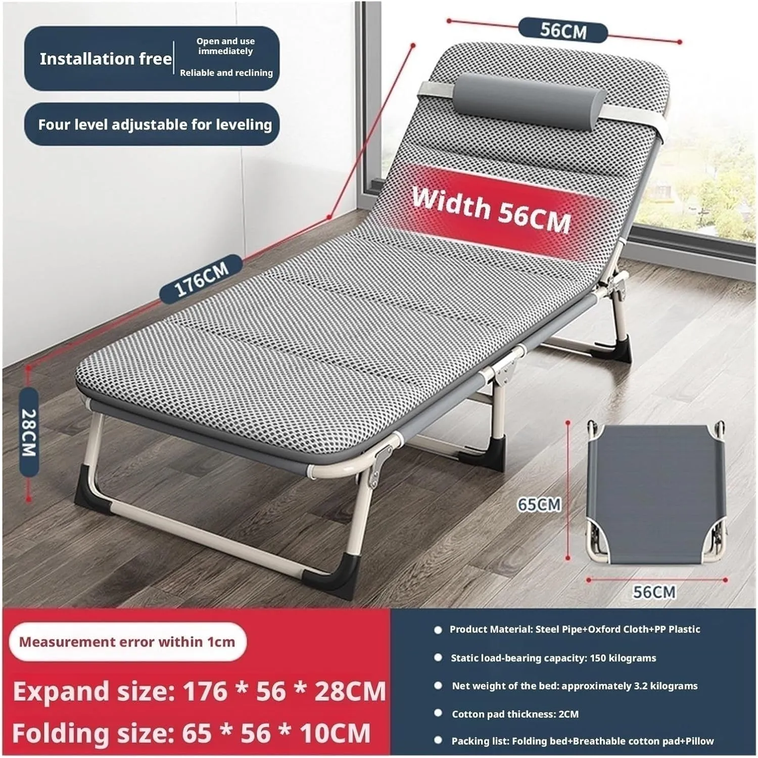 Folded Bed Queen, Folding Twin Bed, Sleeping Cots for Adults, Ergonomic Design, 4-Level Backrest Adjustment, Washable Design, No Installation Required(Style11-56x176)