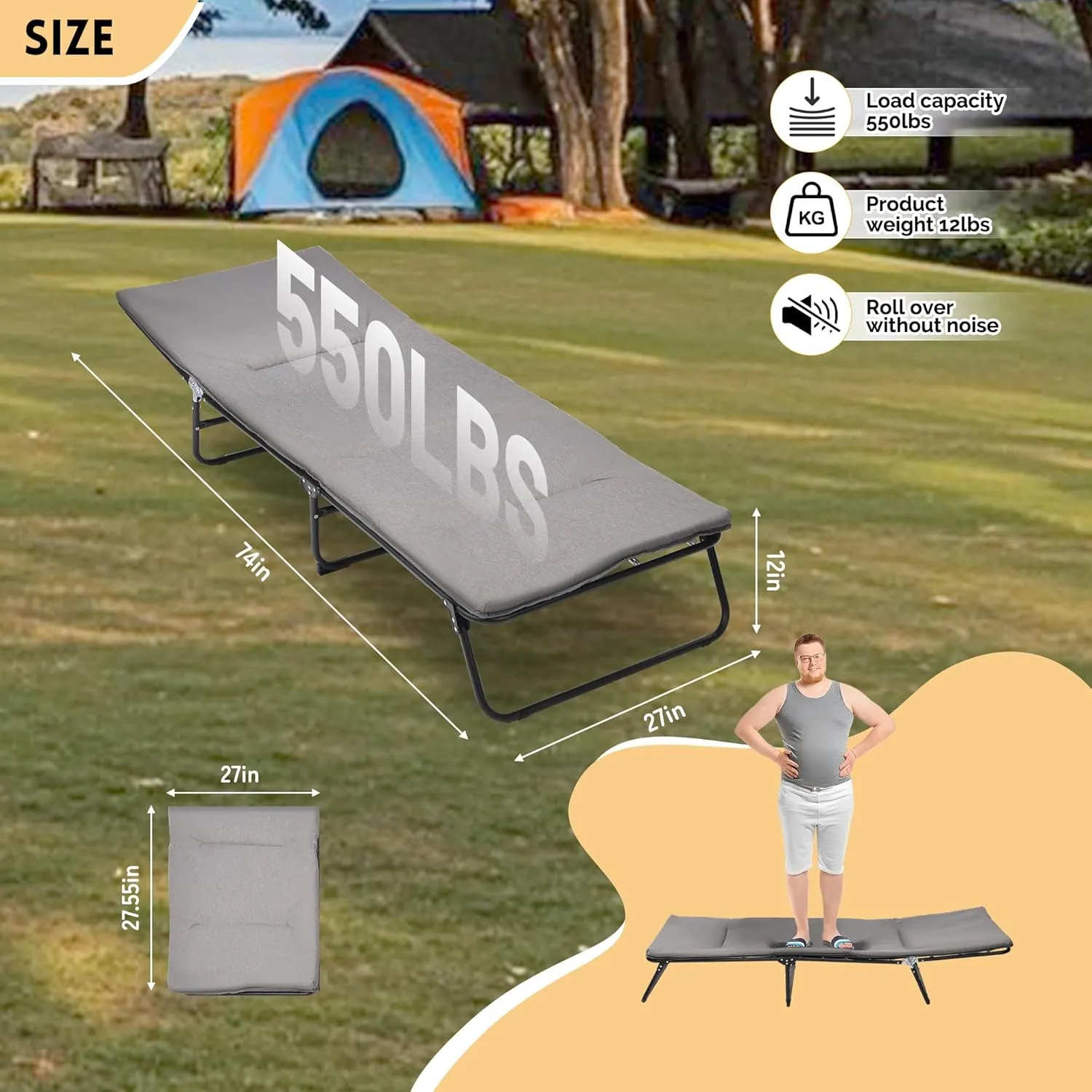 Folding Adult Camping Cot, 5 Angle Adjustable, Heavy Duty Outdoor with Carry Bag, Beach Lounger, Waterproof, 1200 D Layer Oxford Cloth Brigade(Ship from Local Warehouse) (Grey)