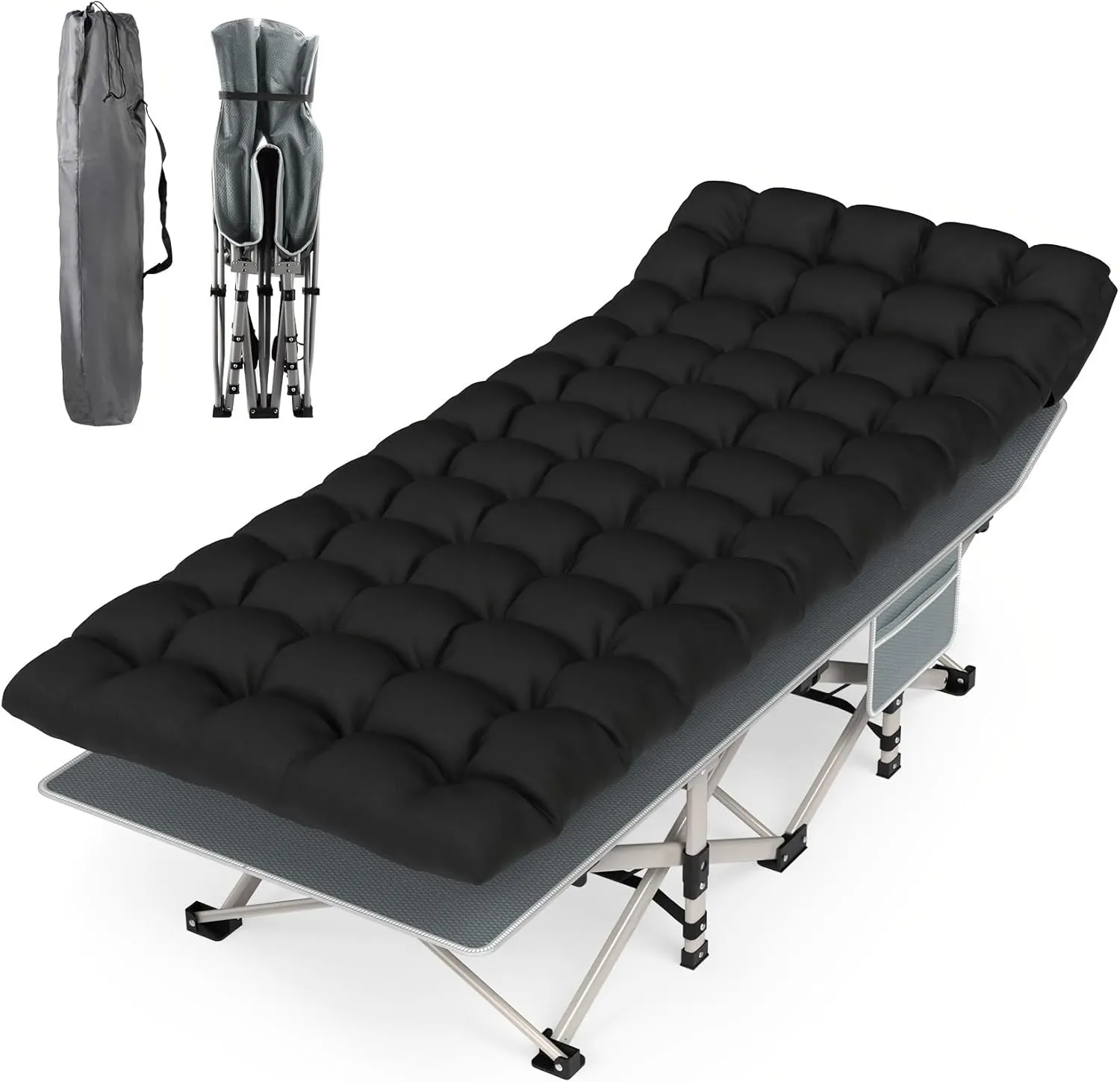 Folding Camping Cot Bed, Double Layer Oxford Portable Cot W/Soft Pad Carry Bag for Home Office Nap Beach Travel,Folding Camping Cot Bed for Adults Sleeping (Black)