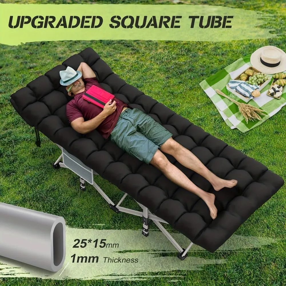Folding Camping Cot Bed, Double Layer Oxford Portable Cot W/Soft Pad Carry Bag for Home Office Nap Beach Travel,Folding Camping Cot Bed for Adults Sleeping (Black)
