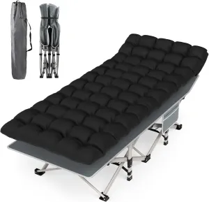 Folding Camping Cot Bed, Double Layer Oxford Portable Cot W/Soft Pad Carry Bag for Home Office Nap Beach Travel,Folding Camping Cot Bed for Adults Sleeping (Black)