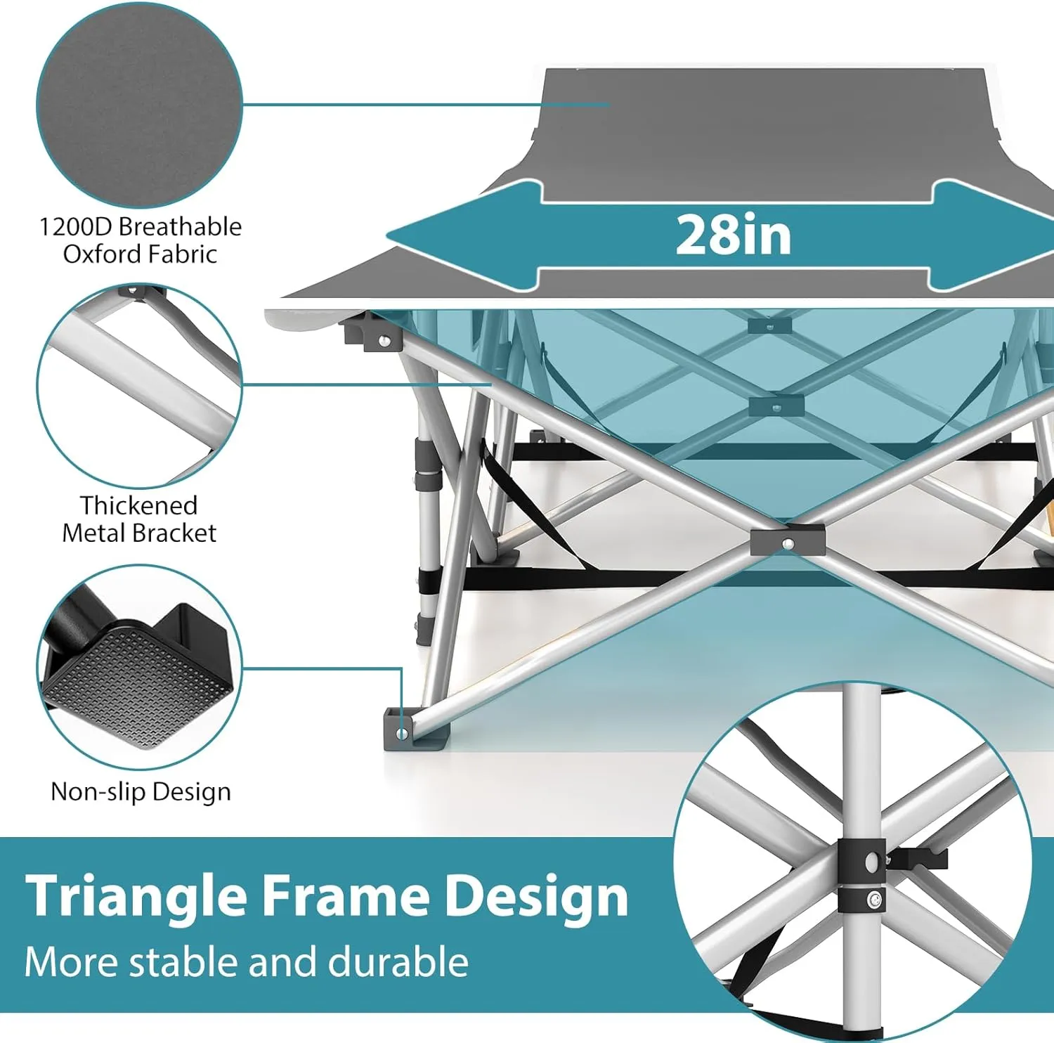 Folding Camping Cot for Adults, 2 Pack Heavy Duty Sleeping Cots with Carry Bag, Double Layer Oxford Portable Travel Camp Cots for Outdoor Camp Beach Home Office (Silver Frame with Blue Pad, 1PACK)