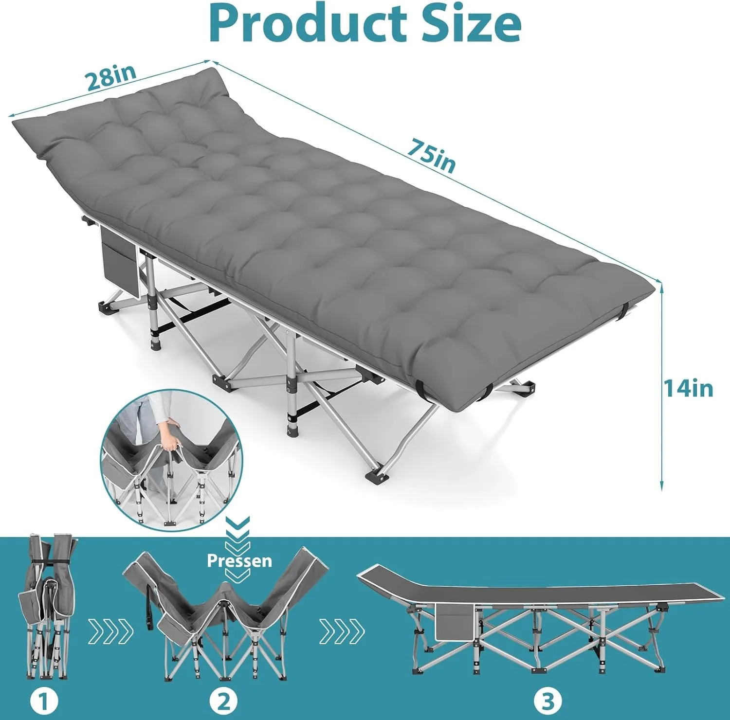 Folding Camping Cot for Adults, 2 Pack Heavy Duty Sleeping Cots with Carry Bag, Double Layer Oxford Portable Travel Camp Cots for Outdoor Camp Beach Home Office (Silver Frame with Blue Pad, 1PACK)