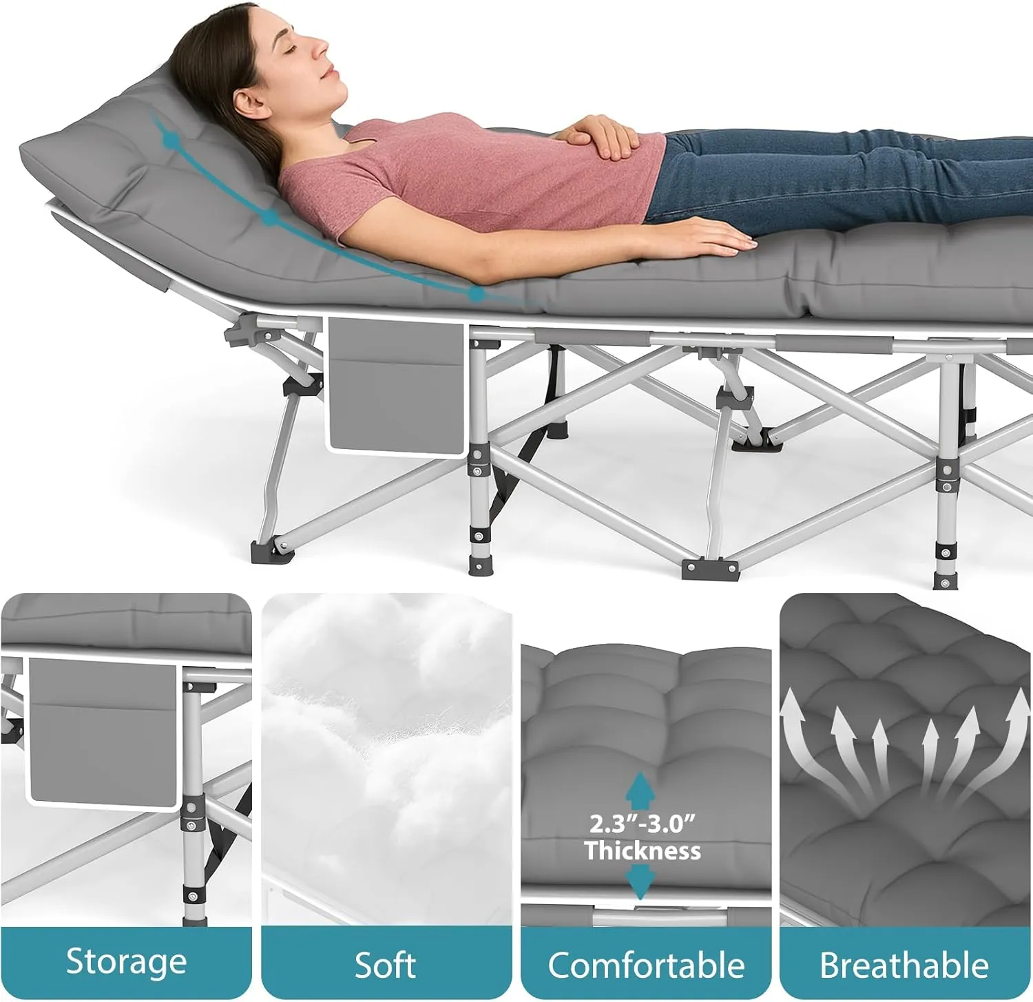 Folding Camping Cot for Adults, 2 Pack Heavy Duty Sleeping Cots with Carry Bag, Double Layer Oxford Portable Travel Camp Cots for Outdoor Camp Beach Home Office (Silver Frame with Blue Pad, 1PACK)
