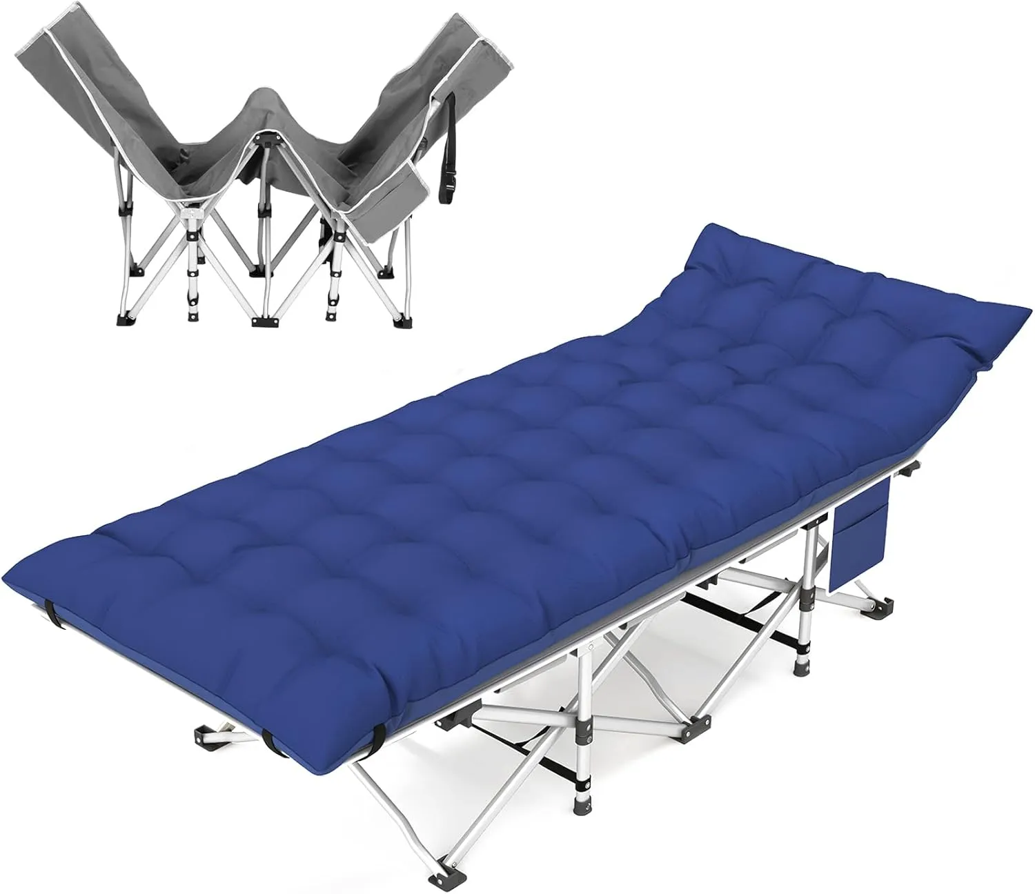 Folding Camping Cot for Adults, 2 Pack Heavy Duty Sleeping Cots with Carry Bag, Double Layer Oxford Portable Travel Camp Cots for Outdoor Camp Beach Home Office (Silver Frame with Blue Pad, 1PACK)