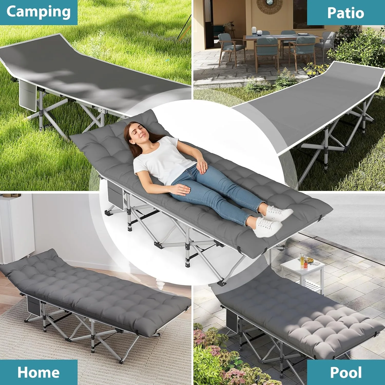 Folding Camping Cot for Adults, 2 Pack Heavy Duty Sleeping Cots with Carry Bag, Double Layer Oxford Portable Travel Camp Cots for Outdoor Camp Beach Home Office (Silver Frame with Blue Pad, 1PACK)