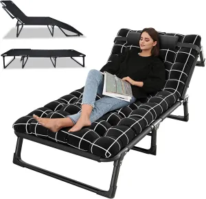 Folding Camping Cot for Adults, Outdoor Chaise Lounge Portable Bed With Mattress and Pillow for Office, Pool, Beach, Patio - 440 LBS Capacity, Black
