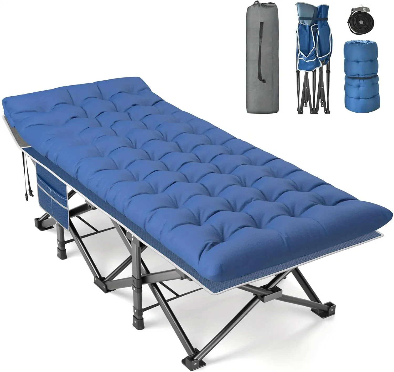 Folding Camping Cot for Adults, Oversized Sleeping Cot with Mattress, Carry Bag, Strapping, Camping Cot Bed for Tent,Oversized Sleeping Cot (Blue Cot   Blue Pad)
