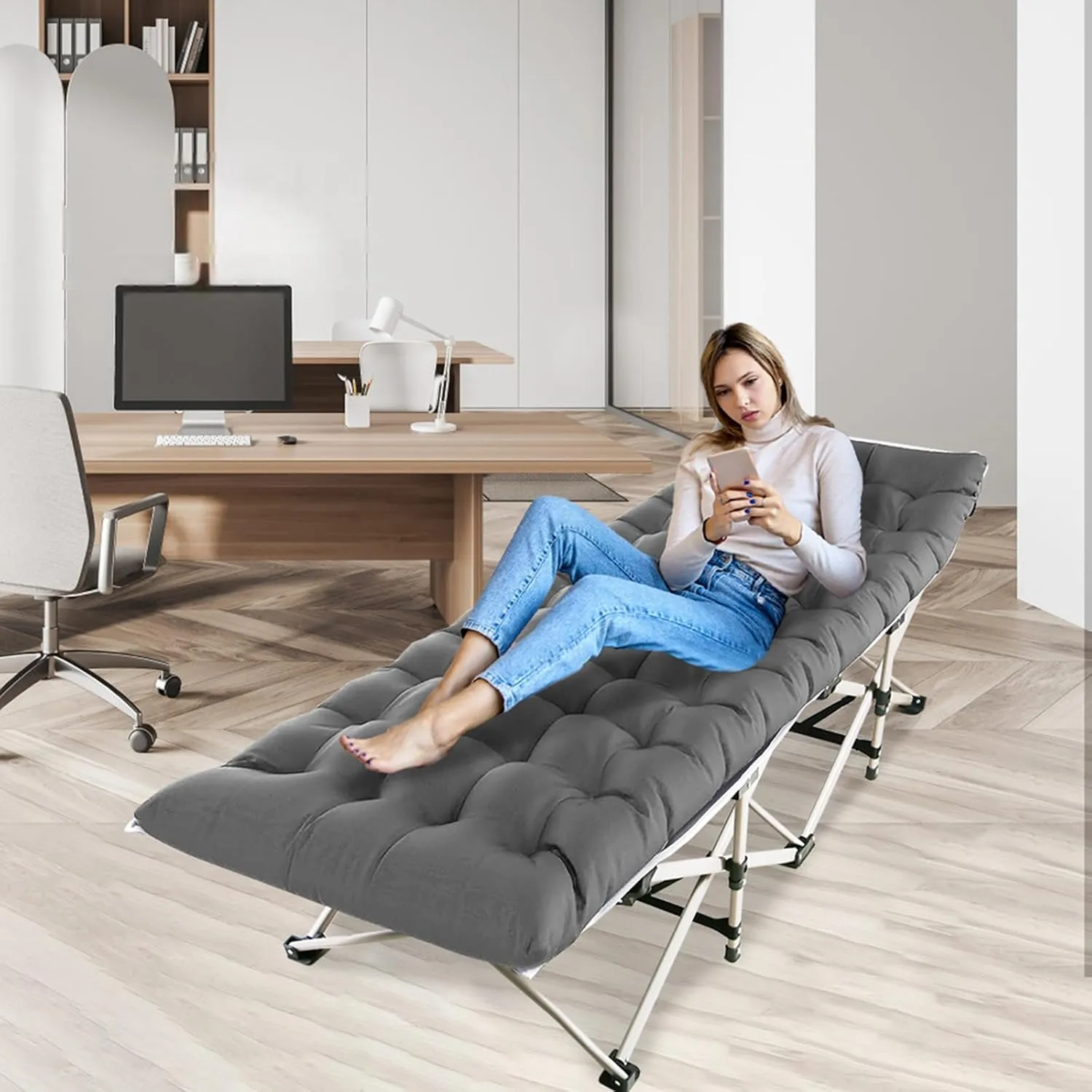 Folding Camping Cot for Adults Portable Camping Bed Cot with Mattress & Carry Bag Heavy Duty Padded Sleeping Cots for Home Office Nap Outdoor Camping Travel Max Load 440LBS, Grey