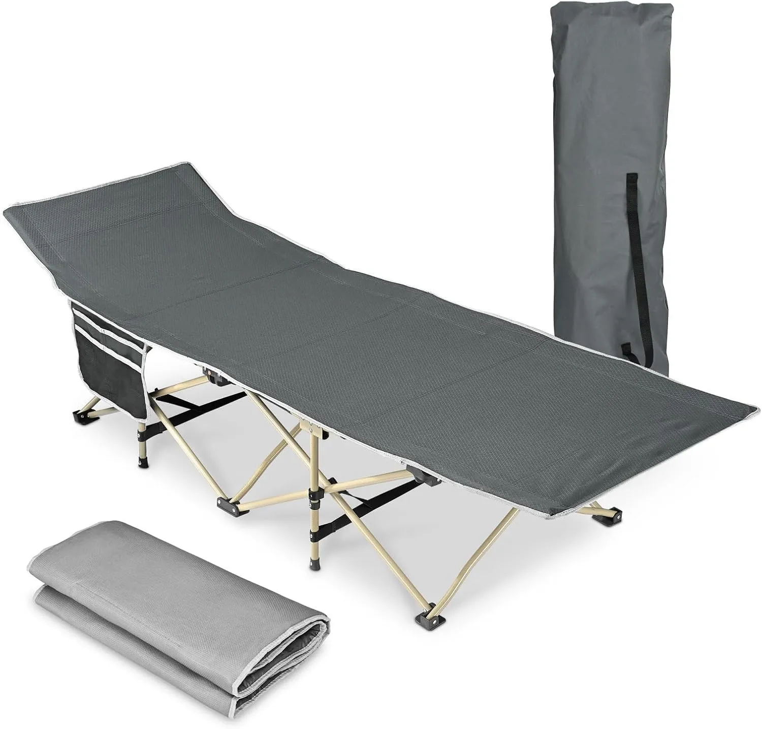 Folding Camping Cot, Portable Collapsible Cot Bed with Carry Bags, Detachable Sleeping Pad,Slanted Bed Head, Lounge Chair for Home Office Nap Beach Travel Hunting Fishing (Grey)