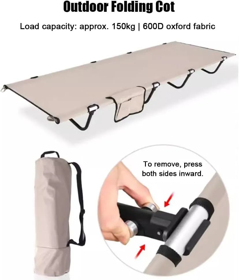 Folding Camping Cot, Portable Military Canvas Sleeping Bed, Outdoor Comfortable Lightweight Bed w/Carry Bag for Hiking, Backpack Travel, Home & Office(Beige)