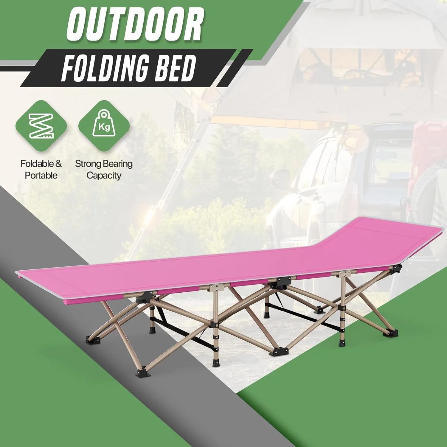 Folding Camping Cot with Ergonomic Tilt, Portable Sleeping Bed 600d Oxford Camp Bed for Comfort and Water Resistant, Easy to Setup, Perfect for Travel, Hiking and Beach, Pink