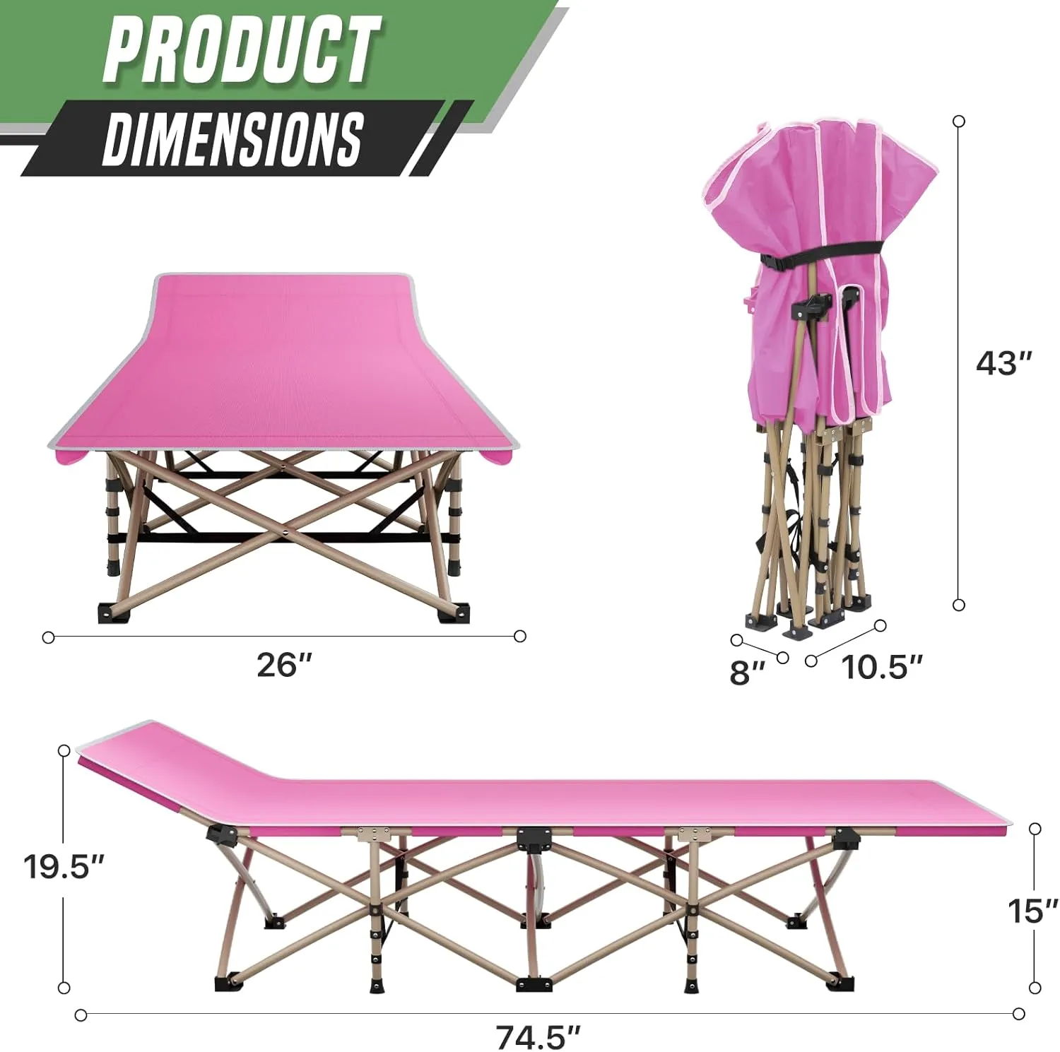 Folding Camping Cot with Ergonomic Tilt, Portable Sleeping Bed 600d Oxford Camp Bed for Comfort and Water Resistant, Easy to Setup, Perfect for Travel, Hiking and Beach, Pink