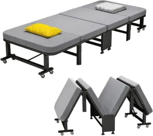 Folding Camping Cot with Mattress, 4-Fold Portable Bed with 8 Universal Pulleys, Space-Saving Foldable Guest Bed for Home Office Nap and Outdoor Use(190x60x27cm)
