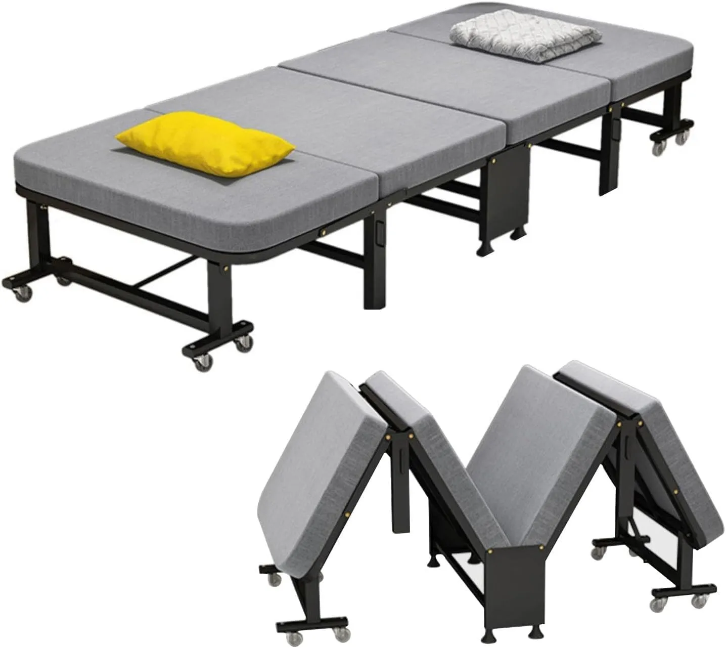 Folding Camping Cot with Mattress, 4-Fold Portable Bed with 8 Universal Pulleys, Space-Saving Foldable Guest Bed for Home Office Nap and Outdoor Use(190x60x27cm)