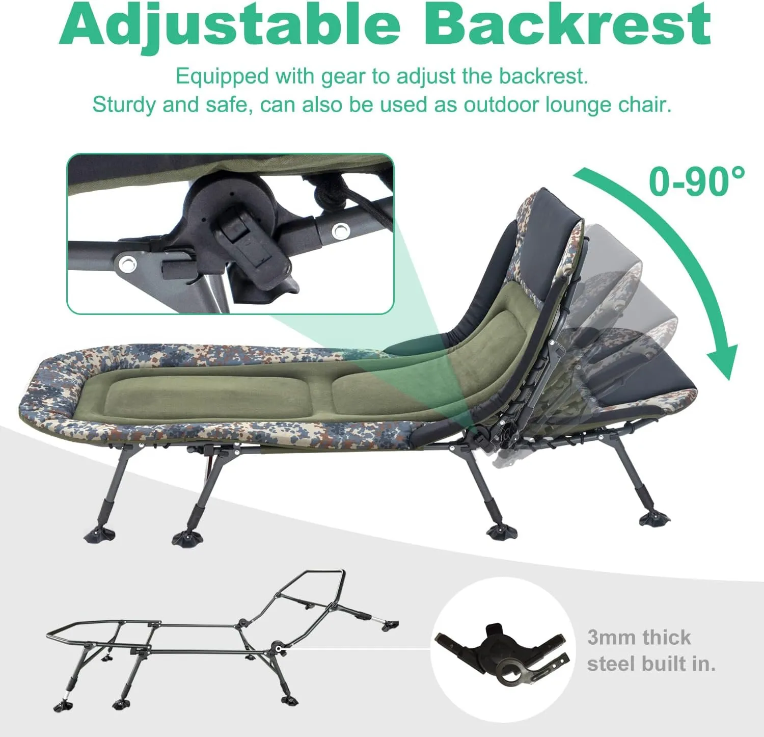 Folding Camping Cot with Mattress for Adults, Heavy Duty Military Cot with Carry Bag, 180° Adjustable Reclining Outdoor Lounger, Portable XL Hunting Cot for Camping, Hiking, Camouflage