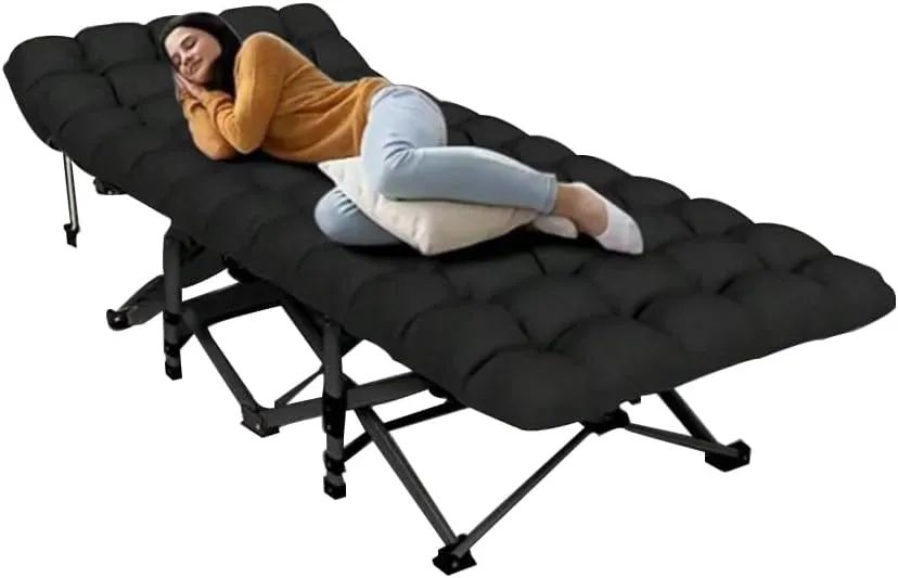 Folding Camping Cot with Mattress Portable Bed for Adults Comfortable Sleeping Solution for Indoor Outdoor Travel Home Office Use with Carry Bag (Black)
